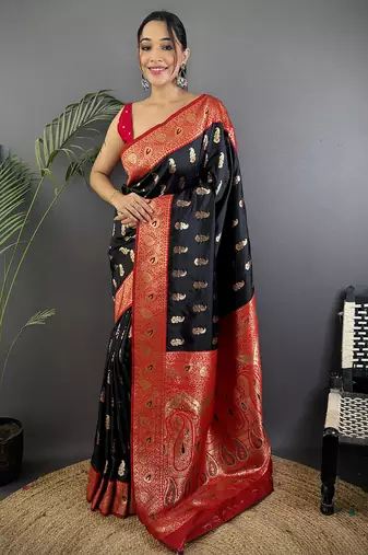 Black silk blend paisley zari weaving banarasi saree with contrast border