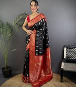 Black silk blend paisley zari weaving banarasi saree with contrast border