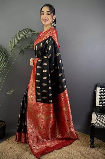 Black silk blend paisley zari weaving banarasi saree with contrast border