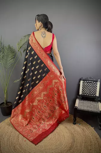 Black silk blend paisley zari weaving banarasi saree with contrast border