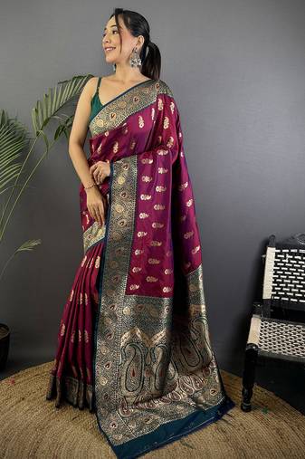 Wine silk blend paisley zari weaving banarasi saree with contrast border