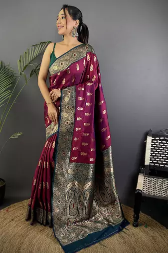Wine silk blend paisley zari weaving banarasi saree with contrast border