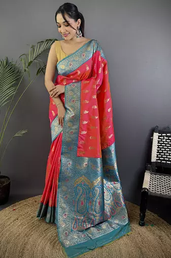 Pink silk blend paisley zari weaving banarasi saree with contrast border