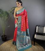 Pink silk blend paisley zari weaving banarasi saree with contrast border