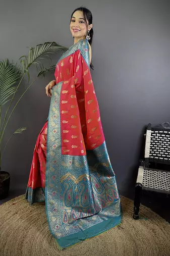 Pink silk blend paisley zari weaving banarasi saree with contrast border