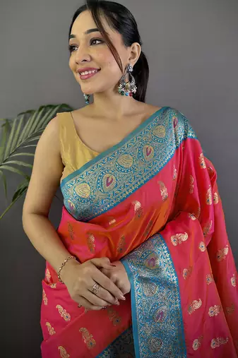 Pink silk blend paisley zari weaving banarasi saree with contrast border