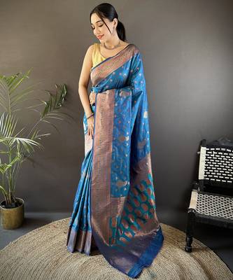 Royal blue silk blend copper zari weaving banarasi saree with contrast blouse 1