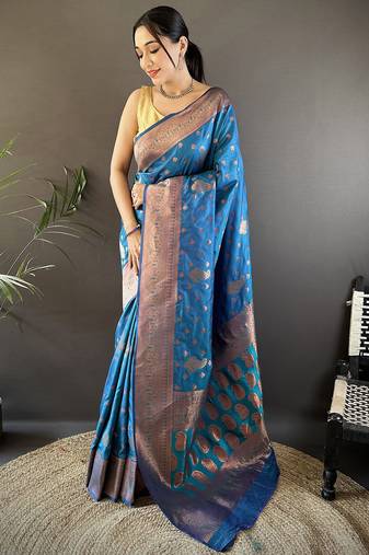 Royal blue silk blend copper zari weaving banarasi saree with contrast blouse