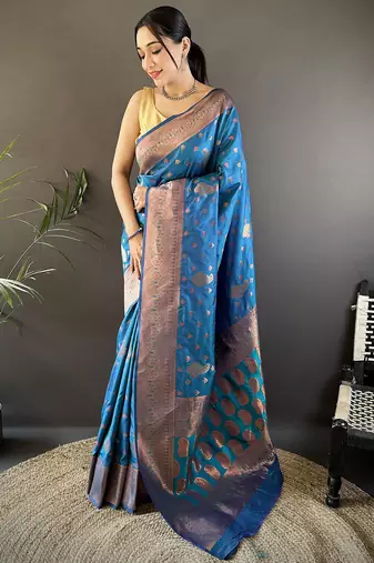 Royal blue silk blend copper zari weaving banarasi saree with contrast blouse