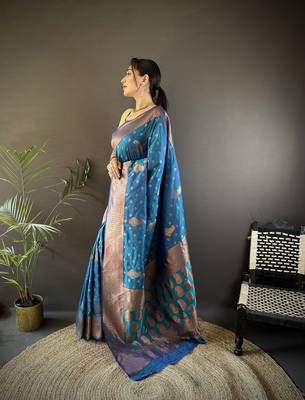 Royal blue silk blend copper zari weaving banarasi saree with contrast blouse 2