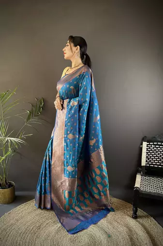 Royal blue silk blend copper zari weaving banarasi saree with contrast blouse