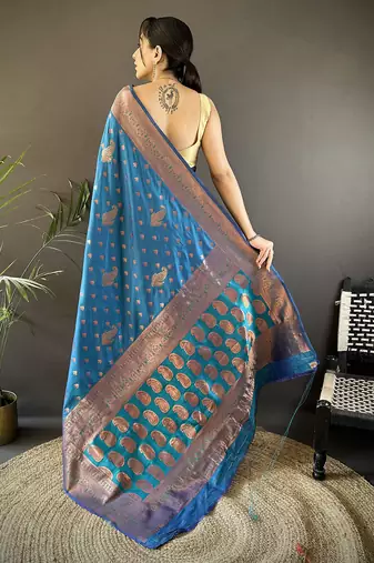 Royal blue silk blend copper zari weaving banarasi saree with contrast blouse