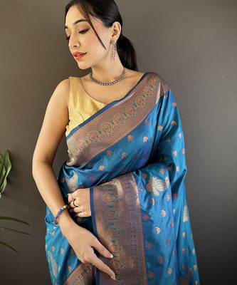 Royal blue silk blend copper zari weaving banarasi saree with contrast blouse 4