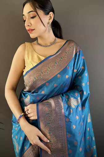Royal blue silk blend copper zari weaving banarasi saree with contrast blouse