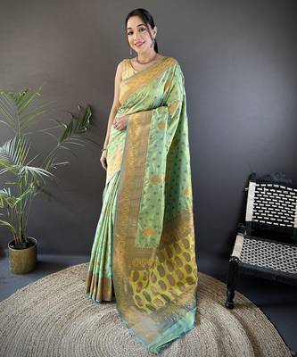 Light green silk blend copper zari weaving banarasi saree with contrast blouse 1