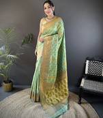 Light green silk blend copper zari weaving banarasi saree with contrast blouse