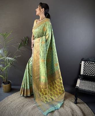 Light green silk blend copper zari weaving banarasi saree with contrast blouse 2