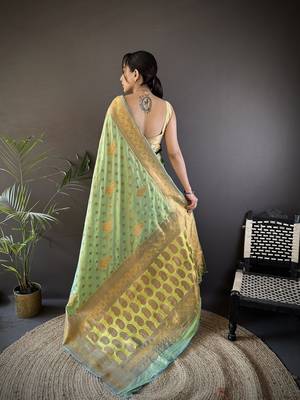Light green silk blend copper zari weaving banarasi saree with contrast blouse 3