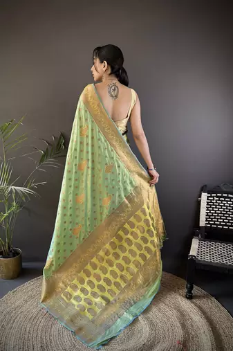 Light green silk blend copper zari weaving banarasi saree with contrast blouse