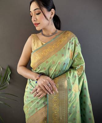 Light green silk blend copper zari weaving banarasi saree with contrast blouse 4