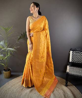 Orange silk blend copper zari weaving banarasi saree with contrast blouse 1