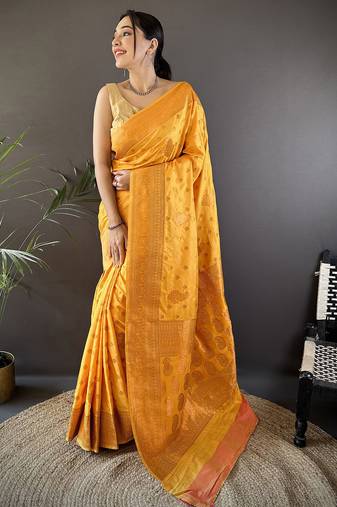 Orange silk blend copper zari weaving banarasi saree with contrast blouse
