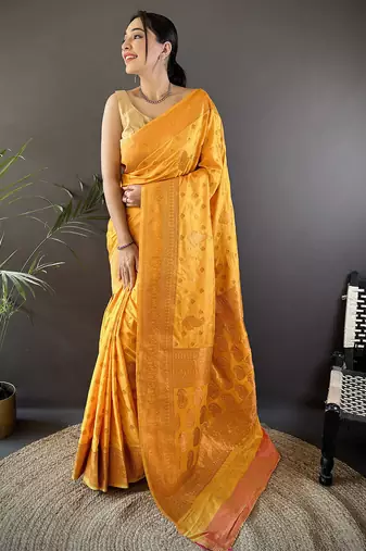 Orange silk blend copper zari weaving banarasi saree with contrast blouse