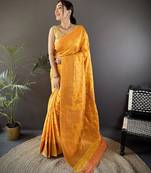 Orange silk blend copper zari weaving banarasi saree with contrast blouse