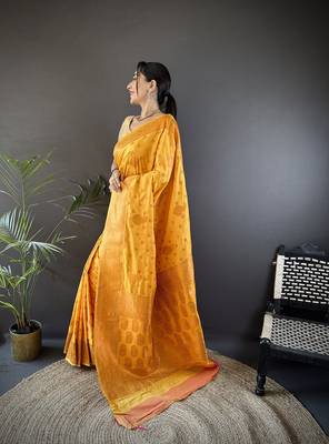 Orange silk blend copper zari weaving banarasi saree with contrast blouse 2