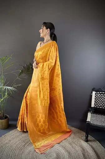 Orange silk blend copper zari weaving banarasi saree with contrast blouse