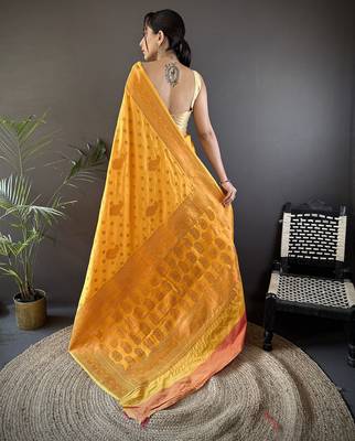 Orange silk blend copper zari weaving banarasi saree with contrast blouse 3
