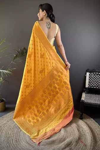 Orange silk blend copper zari weaving banarasi saree with contrast blouse