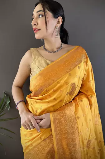 Orange silk blend copper zari weaving banarasi saree with contrast blouse