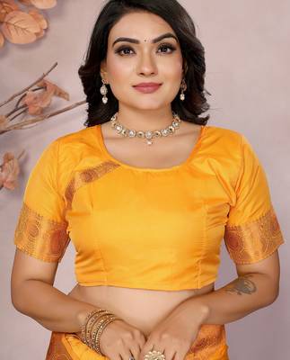 Orange silk blend copper zari weaving banarasi saree with contrast blouse 5
