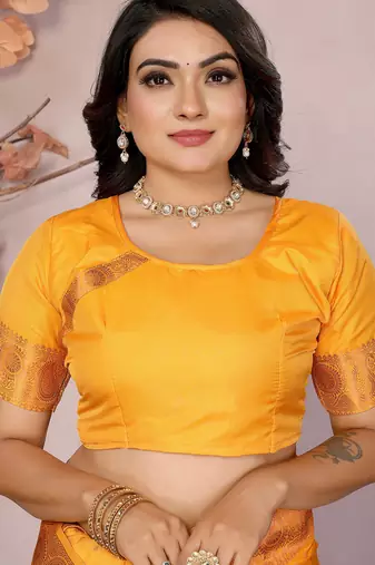 Orange silk blend copper zari weaving banarasi saree with contrast blouse