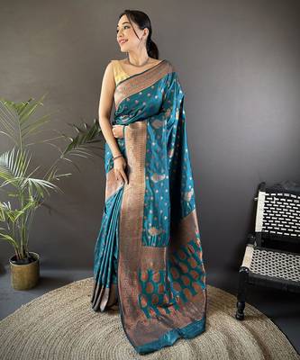 Blue silk blend copper zari weaving banarasi saree with contrast blouse 1