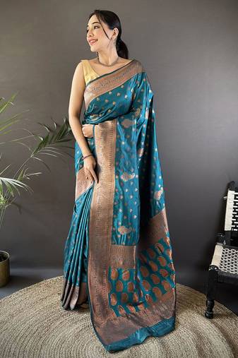 Blue silk blend copper zari weaving banarasi saree with contrast blouse