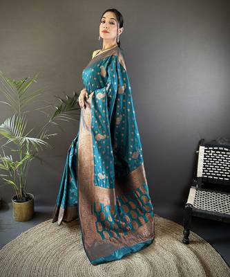 Blue silk blend copper zari weaving banarasi saree with contrast blouse 2
