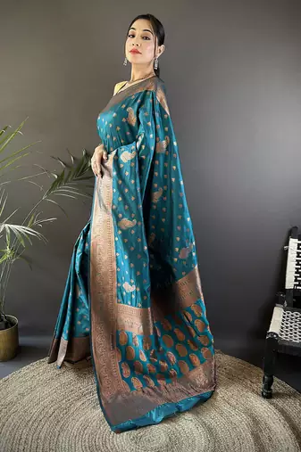 Blue silk blend copper zari weaving banarasi saree with contrast blouse