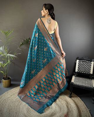 Blue silk blend copper zari weaving banarasi saree with contrast blouse 3