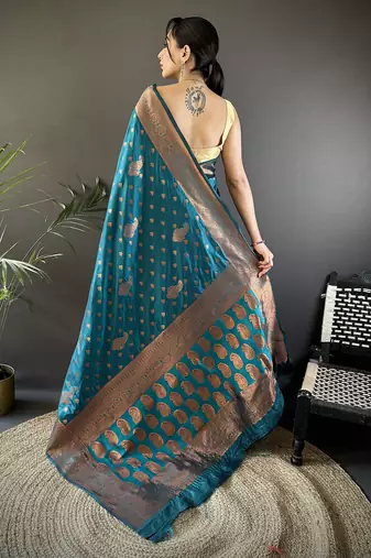 Blue silk blend copper zari weaving banarasi saree with contrast blouse