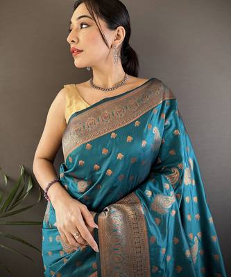 Blue silk blend copper zari weaving banarasi saree with contrast blouse 4