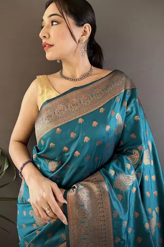 Blue silk blend copper zari weaving banarasi saree with contrast blouse