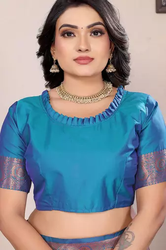 Blue silk blend copper zari weaving banarasi saree with contrast blouse