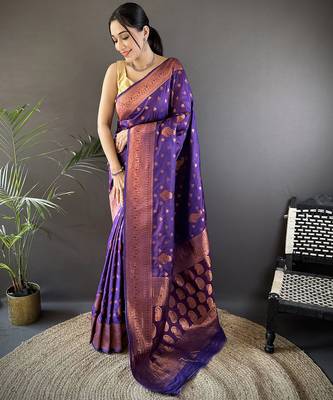 Purple silk blend copper zari weaving banarasi saree with contrast blouse 1