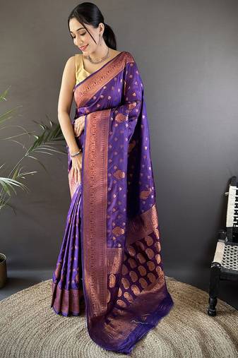 Purple silk blend copper zari weaving banarasi saree with contrast blouse