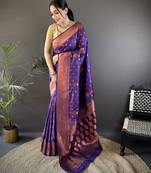 Purple silk blend copper zari weaving banarasi saree with contrast blouse