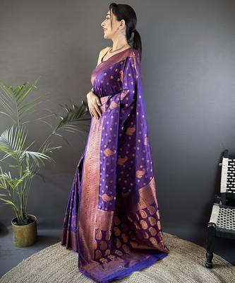 Purple silk blend copper zari weaving banarasi saree with contrast blouse 2