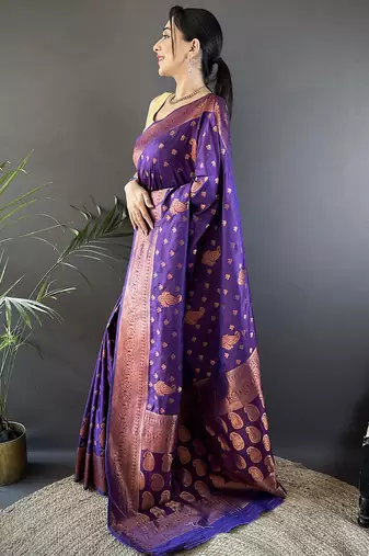 Purple silk blend copper zari weaving banarasi saree with contrast blouse