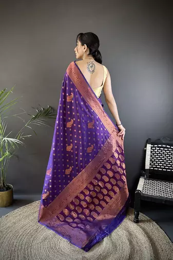 Purple silk blend copper zari weaving banarasi saree with contrast blouse